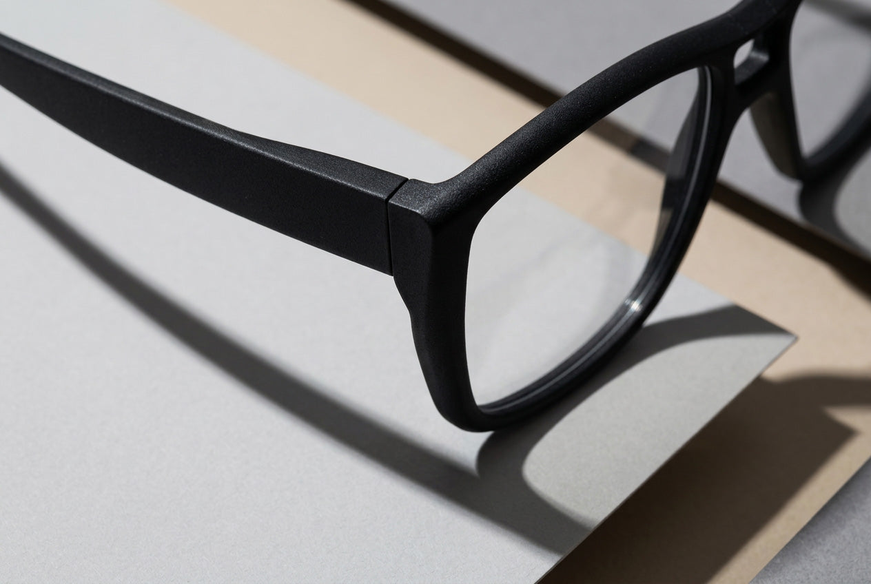 Detailaufnahme einer schwarzen 3D-gedruckten Brille mit Fokus auf Front und Bügelübergang