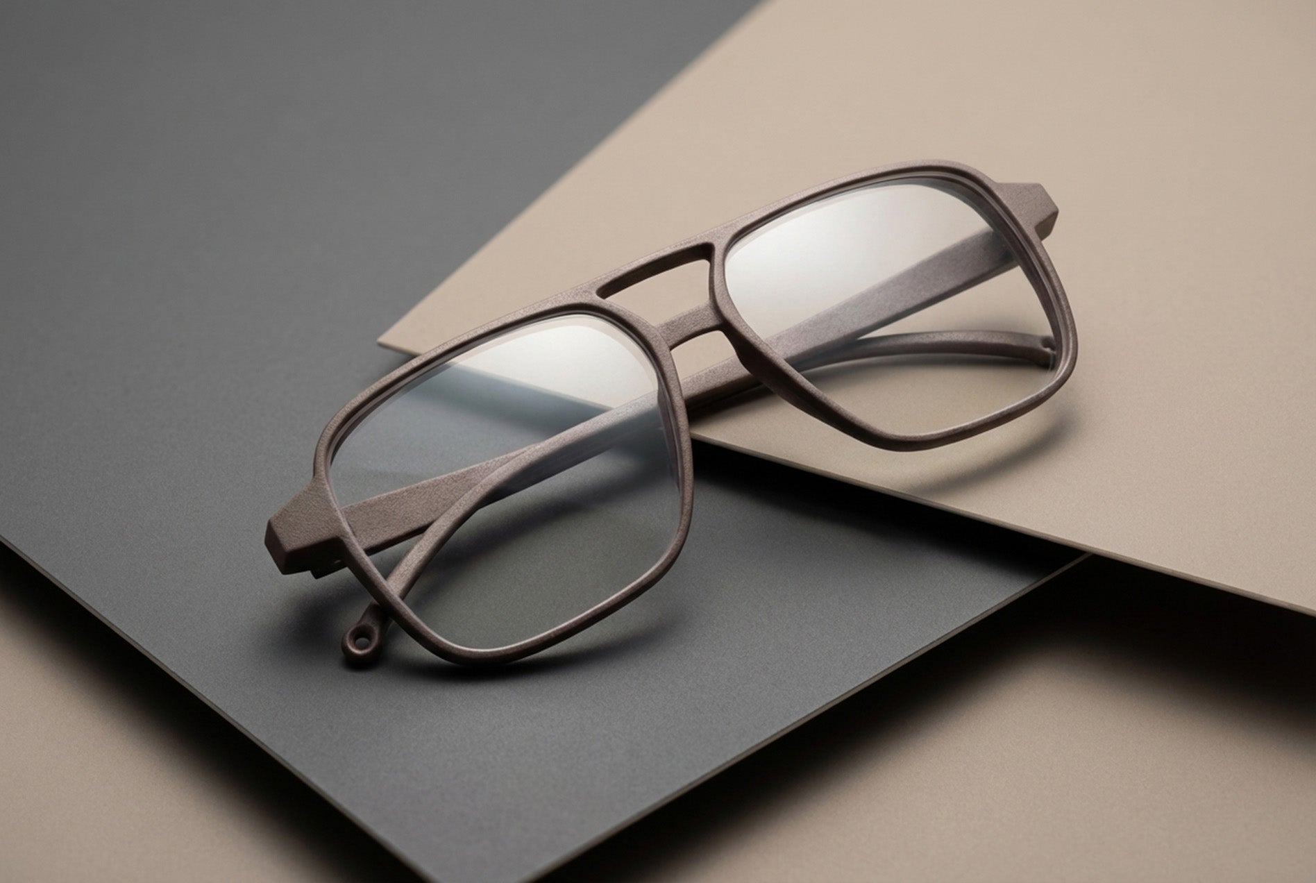 side perspective of optical frame prototype demonstrating frame geometry and temple design
